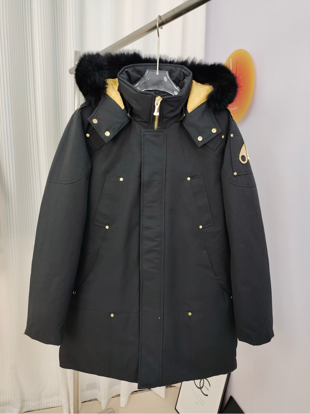 Moose Knuckles Black/Gold Hooded Down Parka with Fur Trim